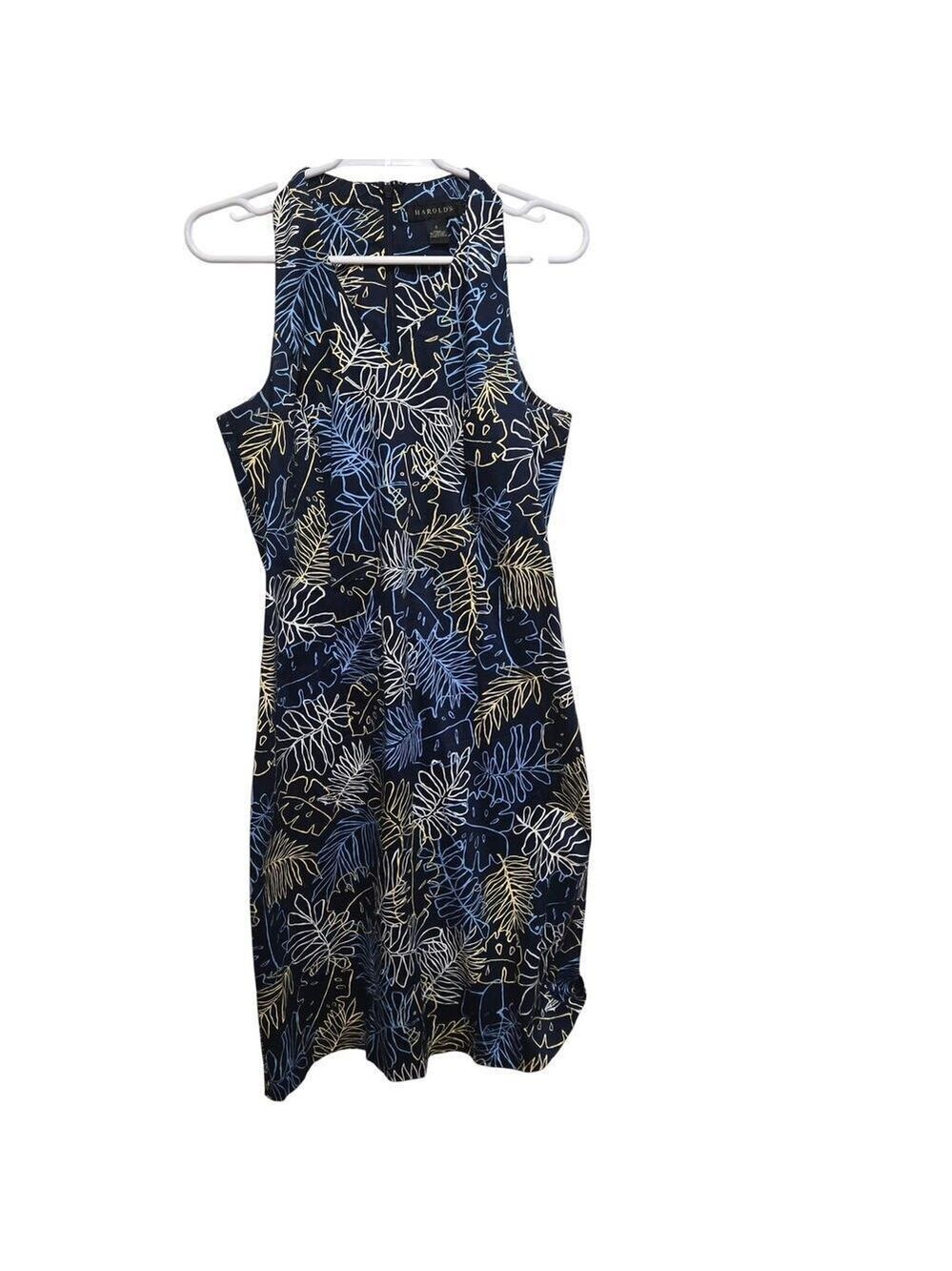 Navy Leaf Print Fit Flare Dress Pockets Size 8